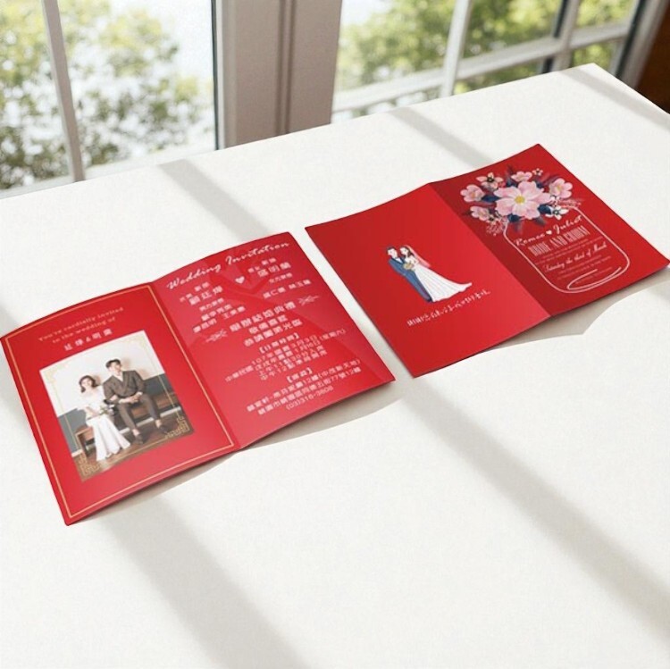 心靈花語結婚喜帖-摺頁款,紅色喜帖,婚卡,雙開囍帖,花瓶背景