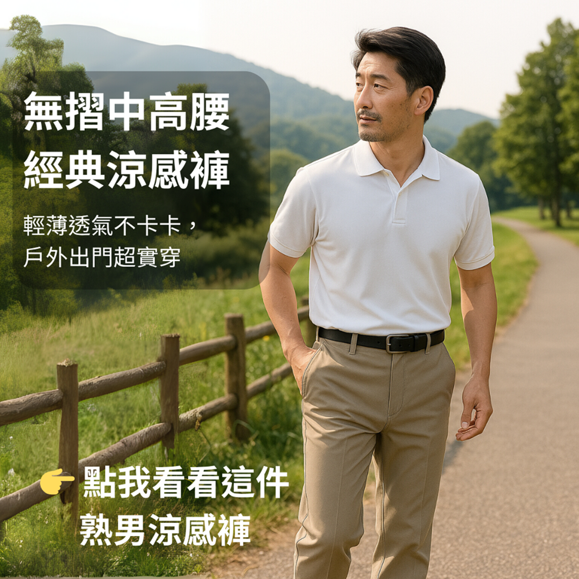 無摺中高腰經典涼感褲