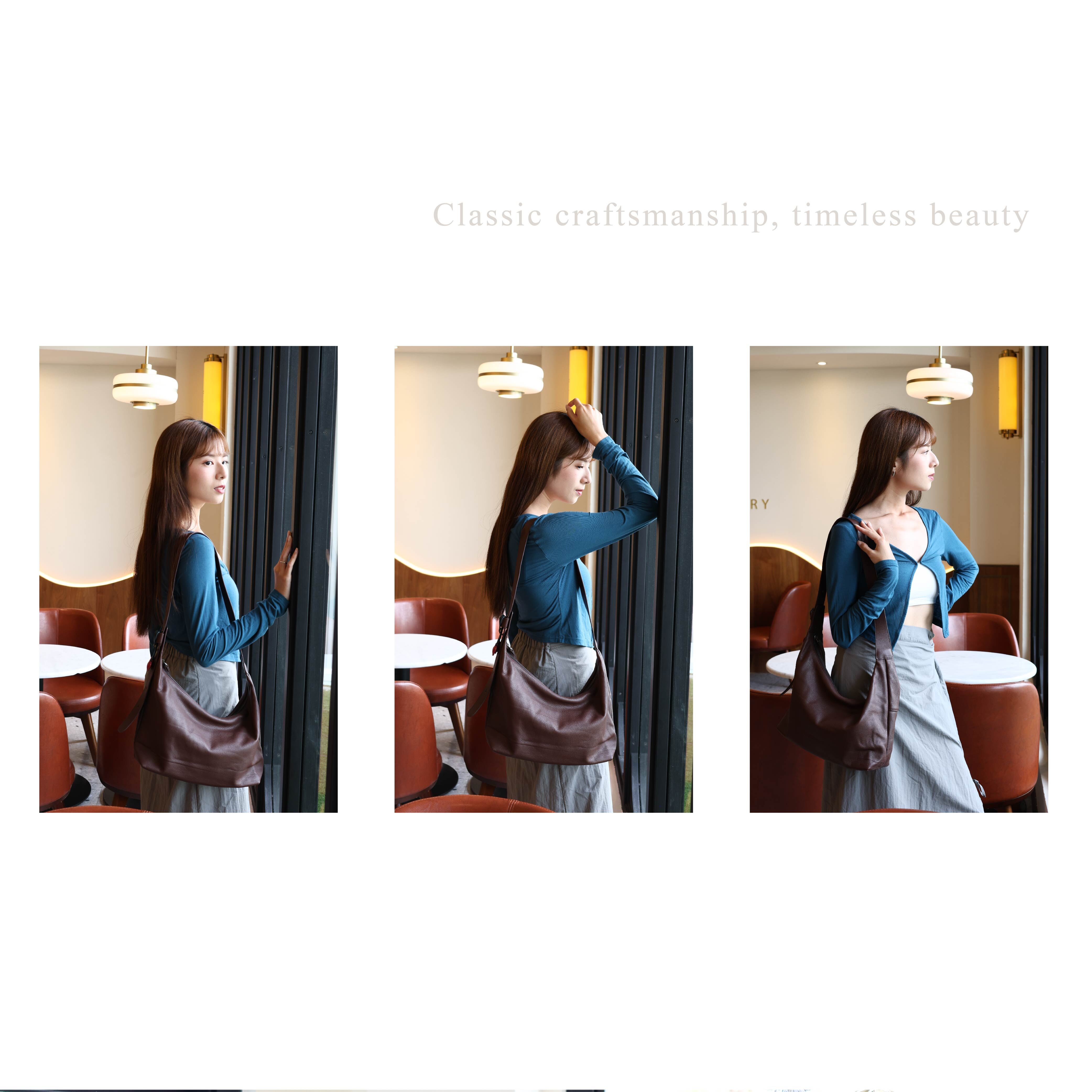 杏白色斜背包點亮整體穿搭,四季皆宜