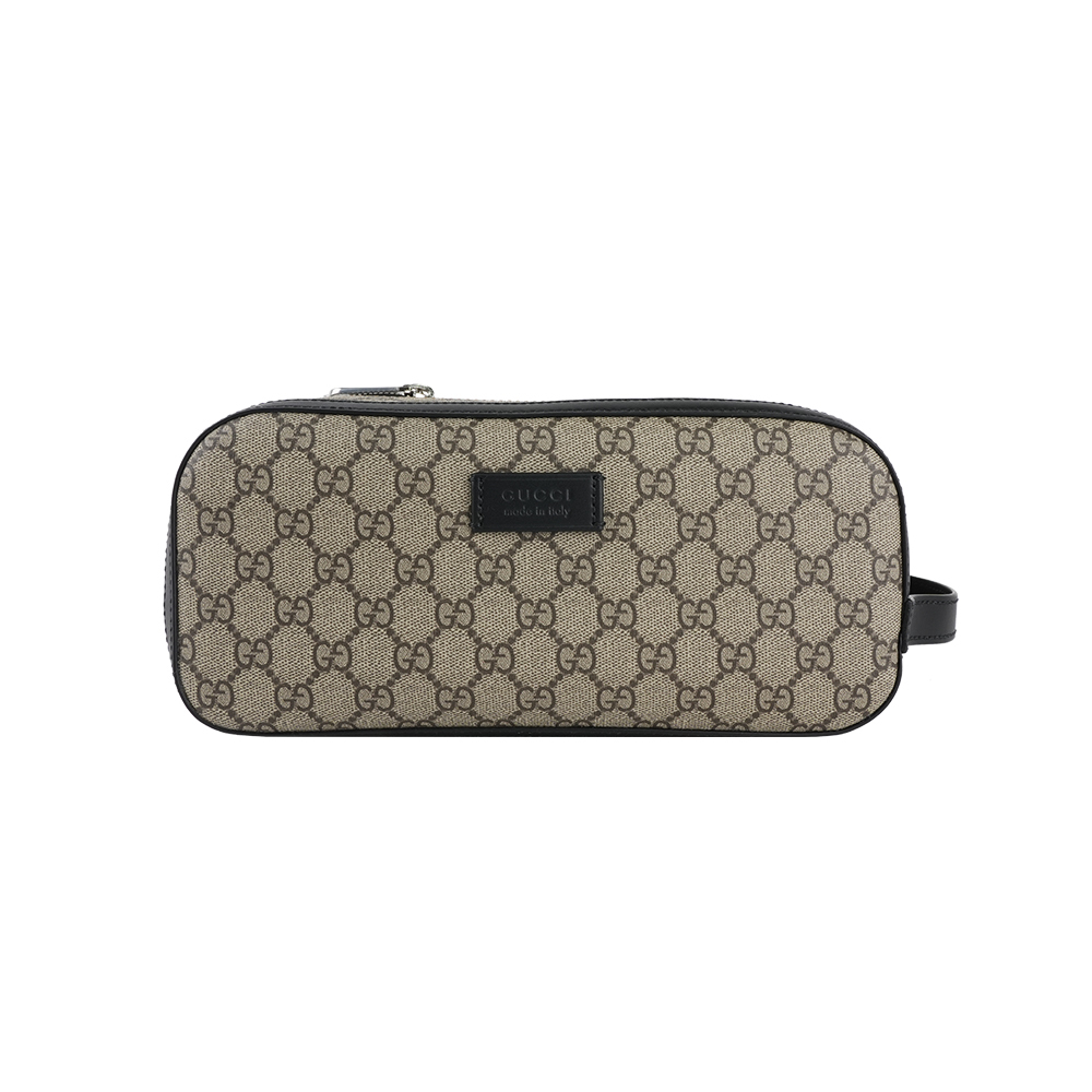 【GUCCI】GG Supreme 帆布及皮革雙拉鍊手拿包/洗漱包(米色/黑色)