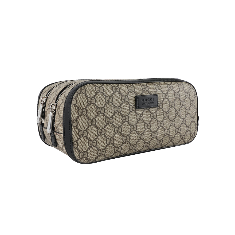 【GUCCI】GG Supreme 帆布及皮革雙拉鍊手拿包/洗漱包(米色/黑色)