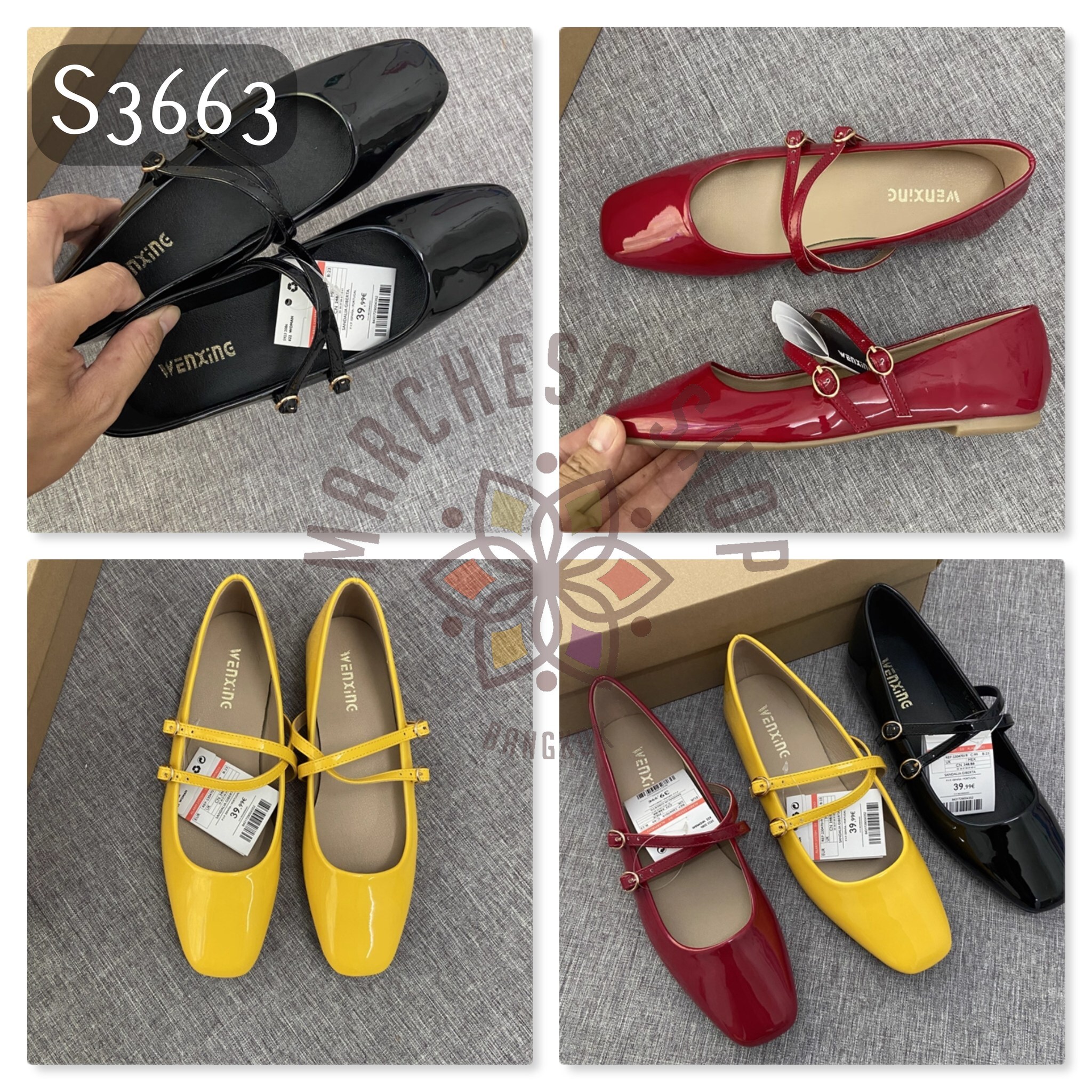 S3663 - 羊漆皮純色交叉帶方頭平底鞋