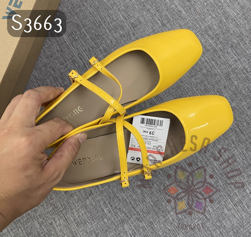 S3663 - 羊漆皮純色交叉帶方頭平底鞋