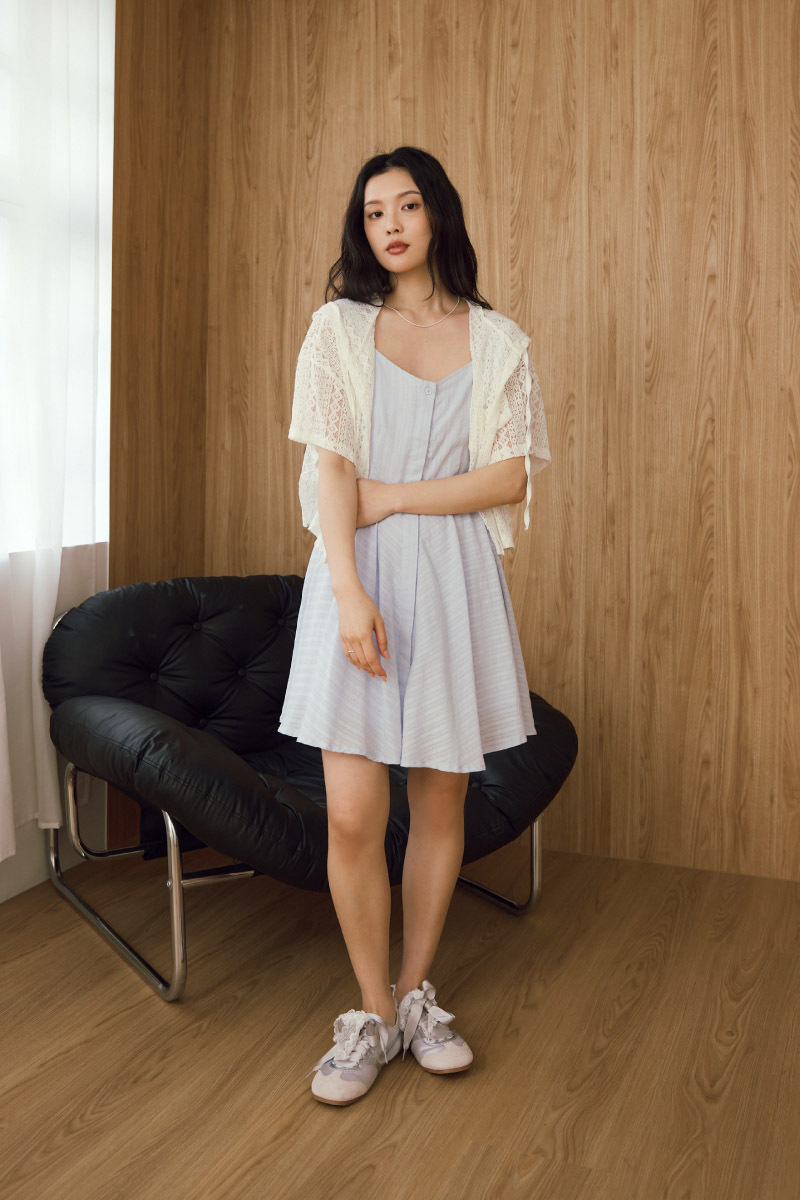 造型直條紋傘襬背心洋裝