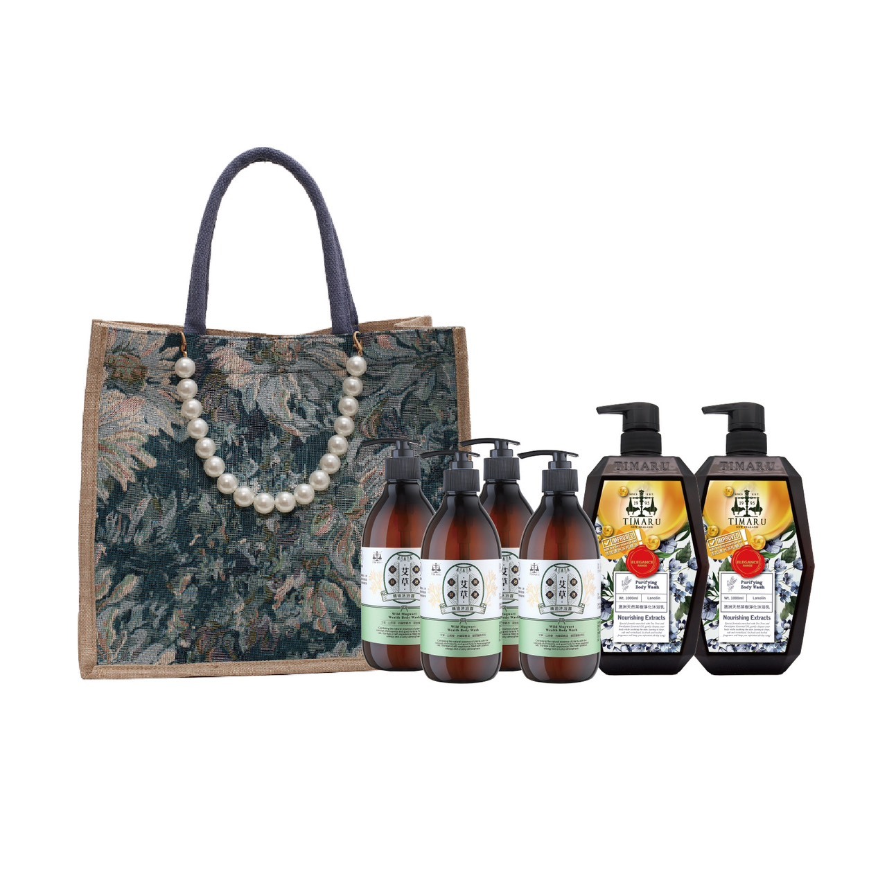 Timaru 堤瑪露 艾草沐浴300ml 4入+ 茶樹精油沐浴乳1000ml 2入 $3680 贈 珍珠托特包*1