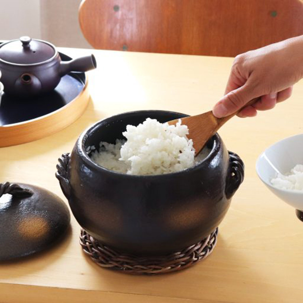 日本 萬古焼 三鈴陶器 砂鍋飯煲 灰釉 (大) -02065