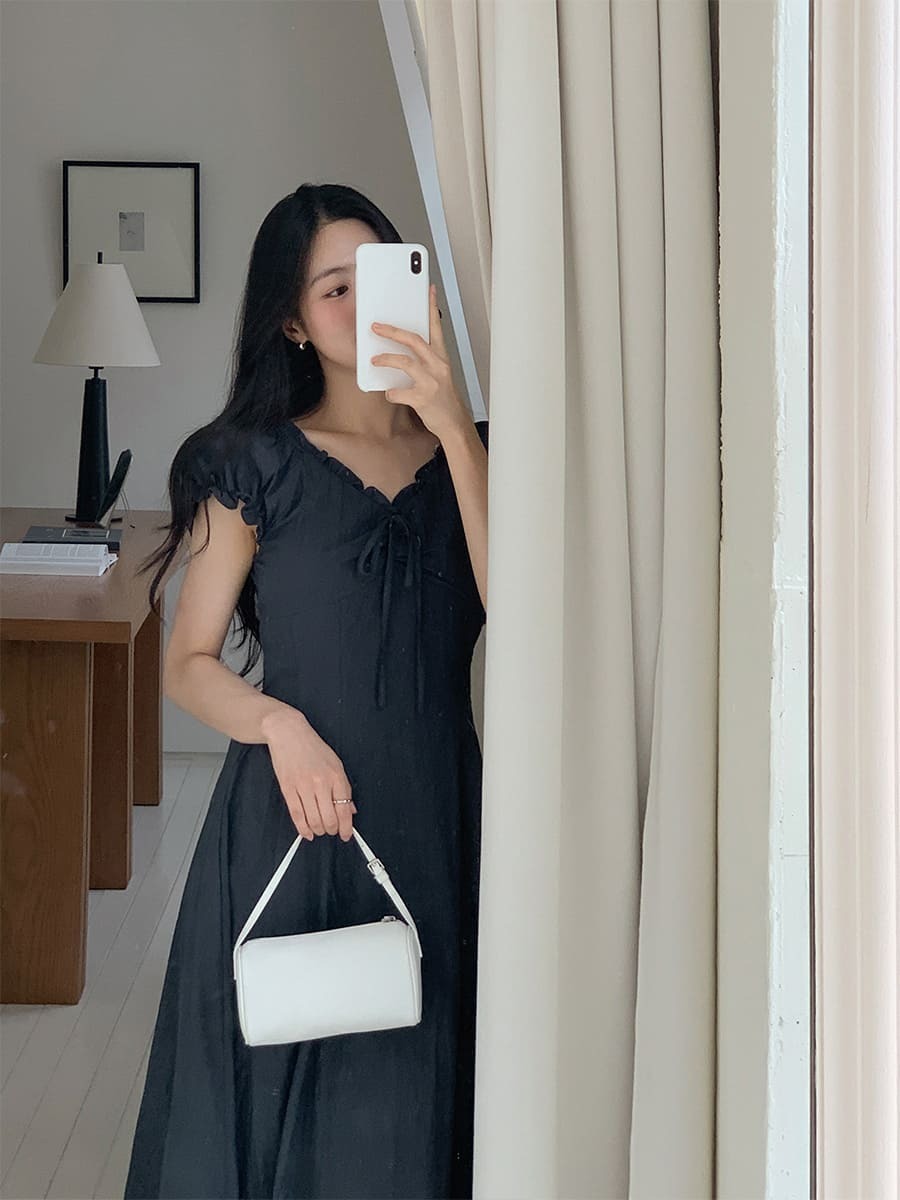 韓國Cherrykoko授權 暮藍微風綁帶荷葉滾邊V領洋裝