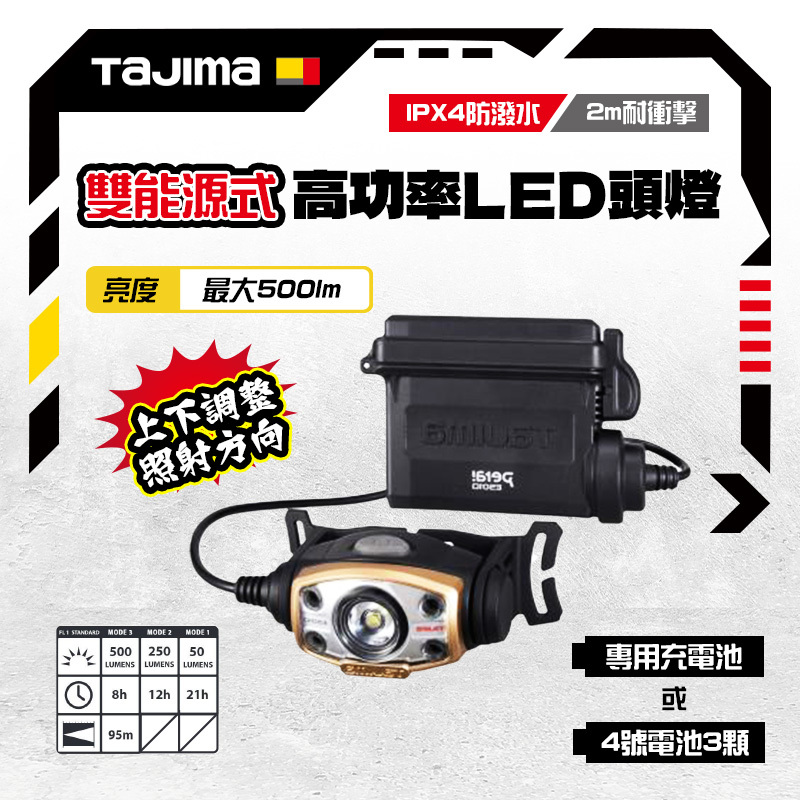 田島 TAJIMA｜日本 LE-E501D-SP 雙電源 LED頭燈 500流明 大徑照射 防水IPX4