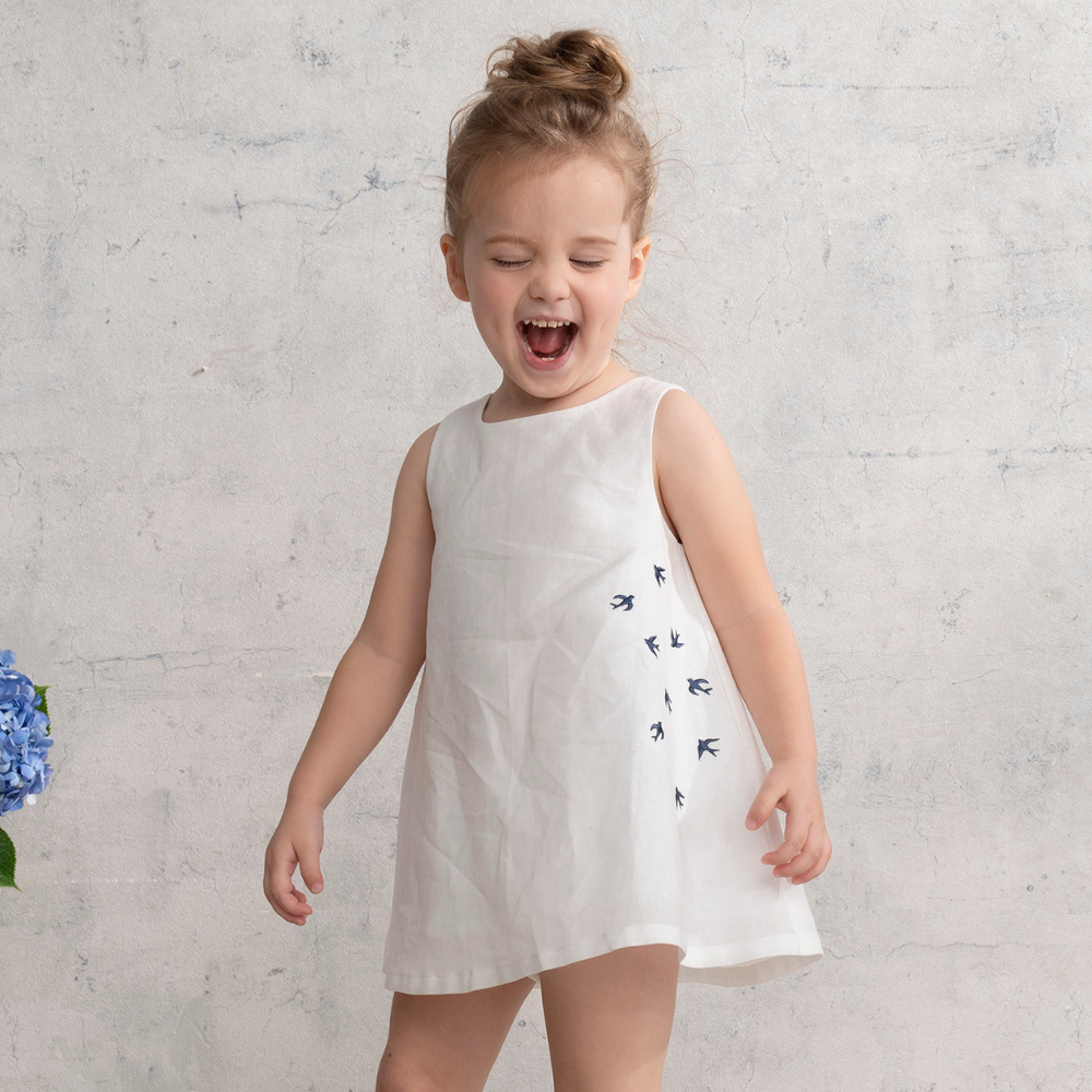 PIPPY 飛鳥刺繡圓領連身裙洋裝 白 畢業季