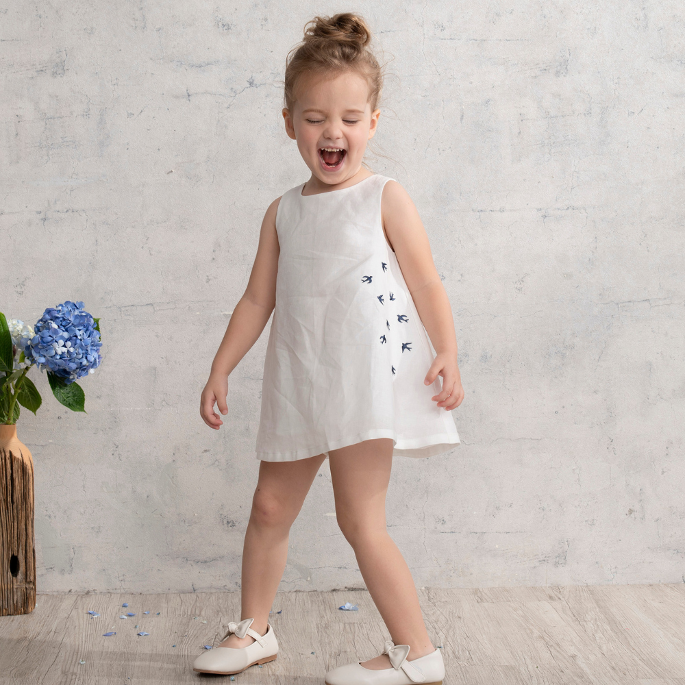 PIPPY 飛鳥刺繡優雅圓領連身裙洋裝 白