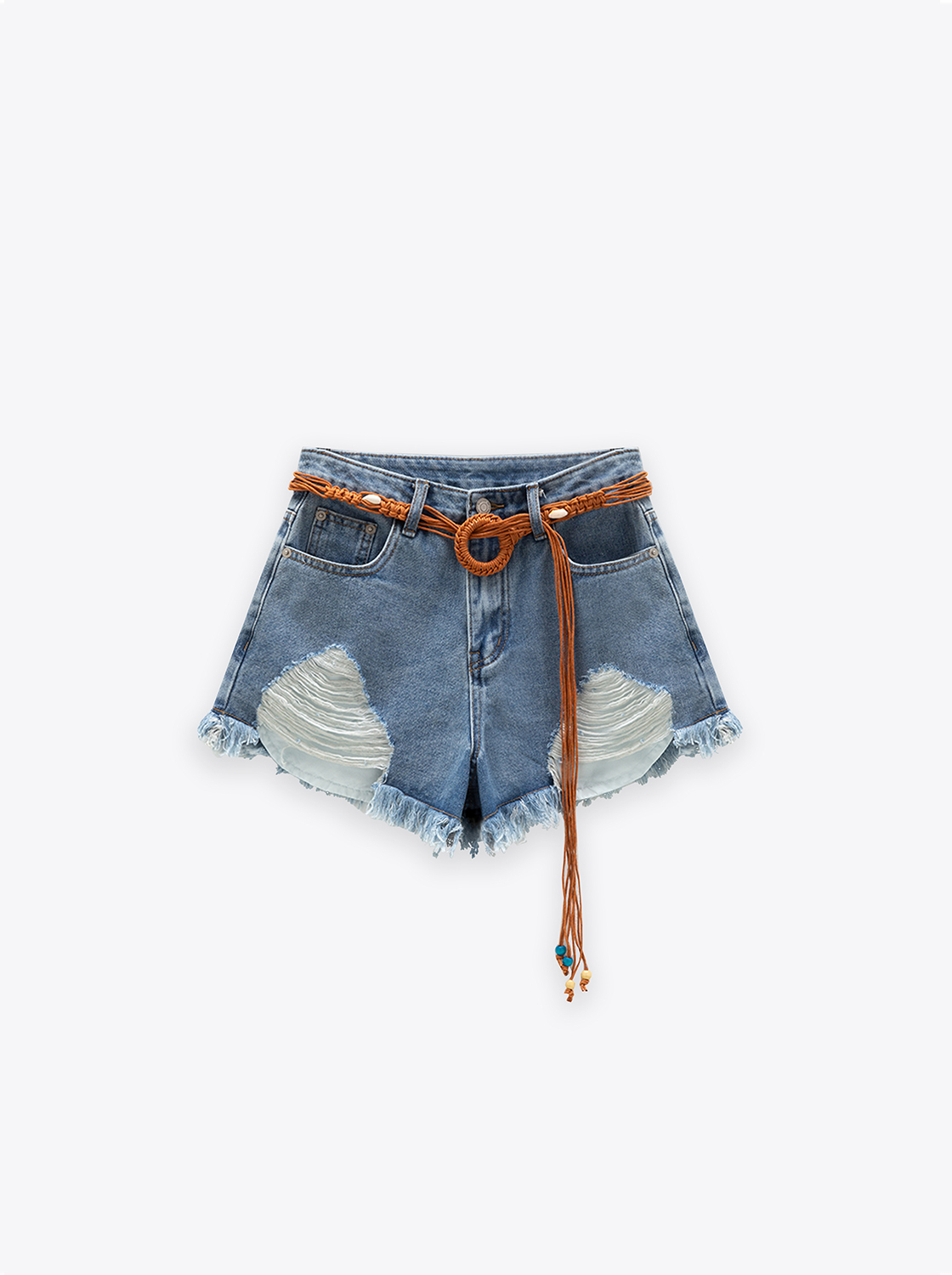 附腰帶刷破鬚邊牛仔短