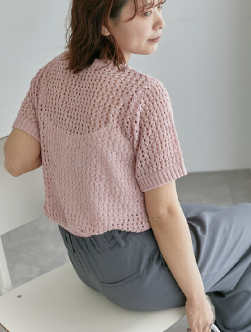 藍調粉紅鏤空花紋短袖針織衫【日本直送】