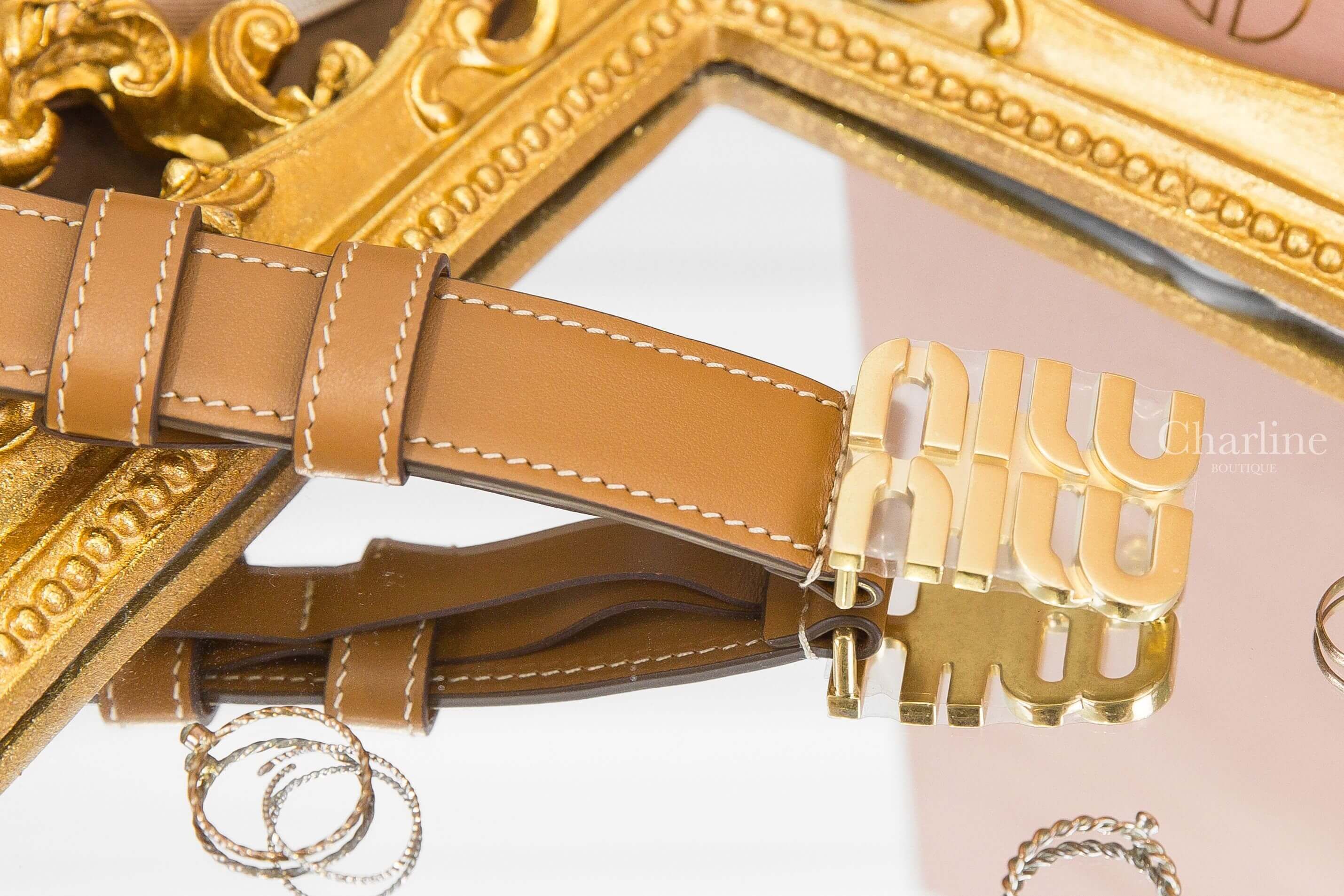 Miu Miu Leather Belt 焦糖色金色字母小牛皮2.5cm皮帶