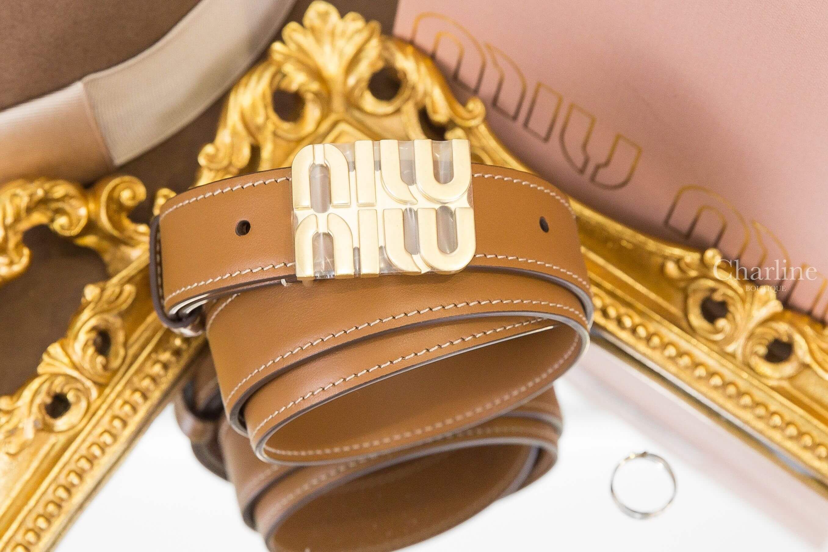 Miu Miu Leather Belt 焦糖色金色字母小牛皮2.5cm皮帶