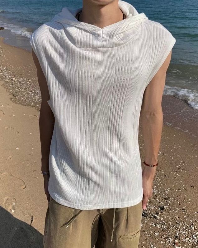 淨色暗直紋連帽背心 V1149