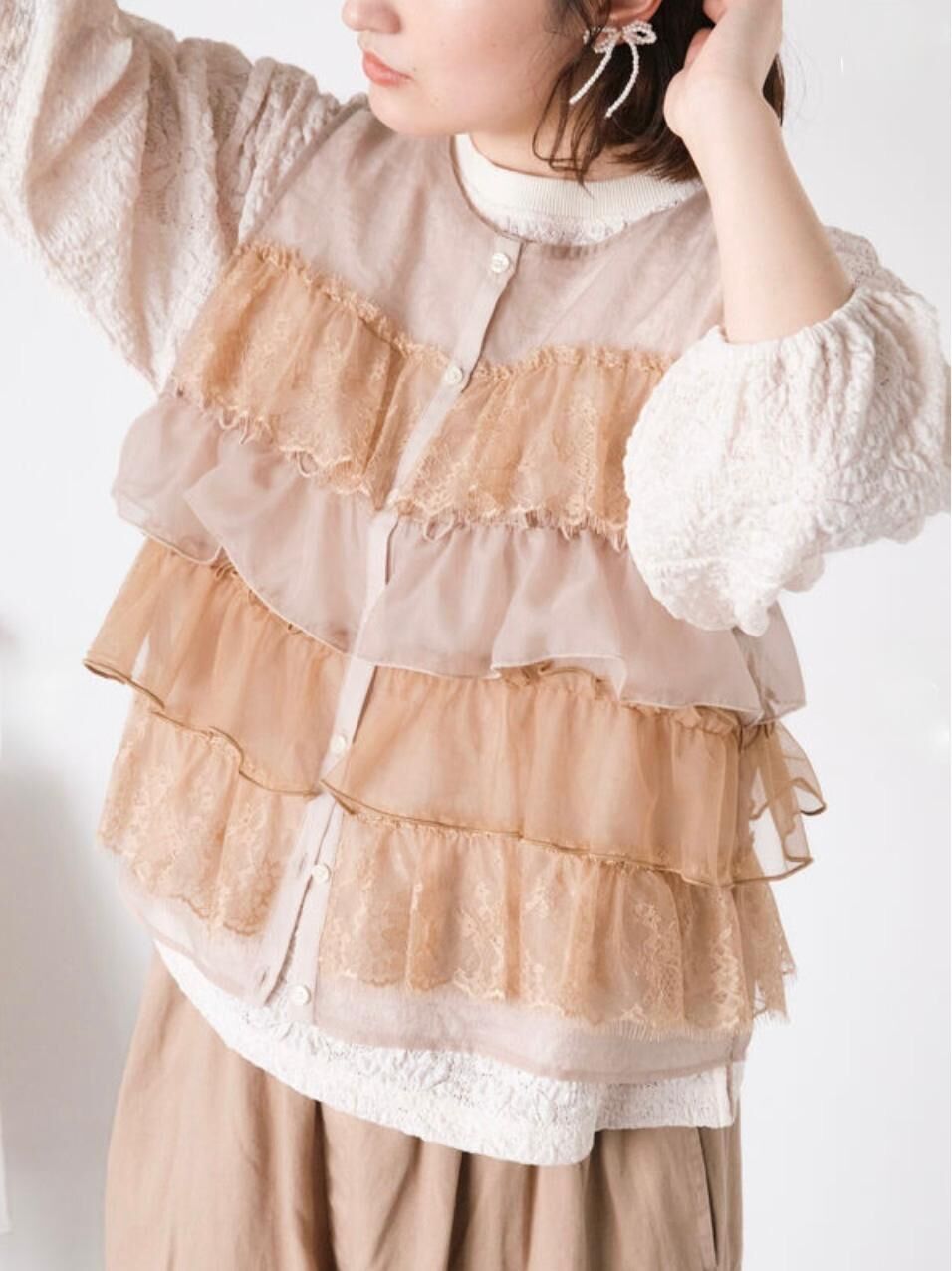 異素材荷葉邊層次背心【日本直送】