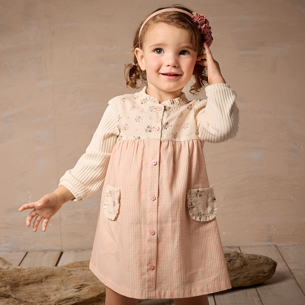 PIPPY 優美印花剪接假兩件連身裙洋裝 粉