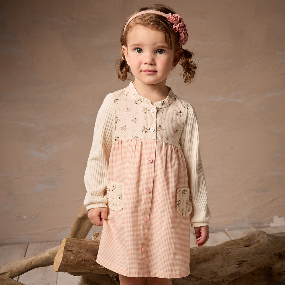 PIPPY 優美印花剪接假兩件連身裙洋裝 粉