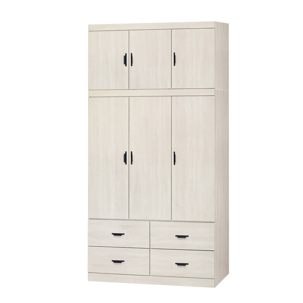 沃尼4尺三門四抽加高型衣櫃-洗白色(衣櫃+棉被櫃)