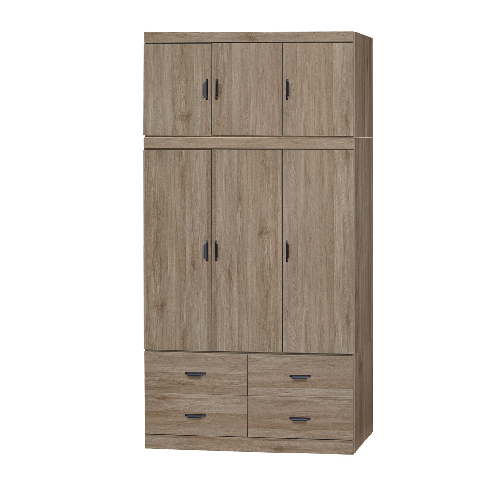 沃尼4尺三門四抽加高型衣櫃-灰橡色(衣櫃+棉被櫃)