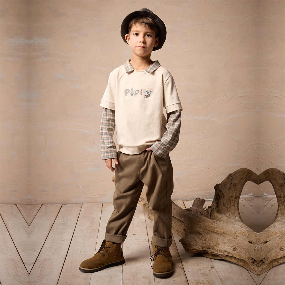 PIPPY 經典格紋翻領雅痞假兩件長袖上衣 米白