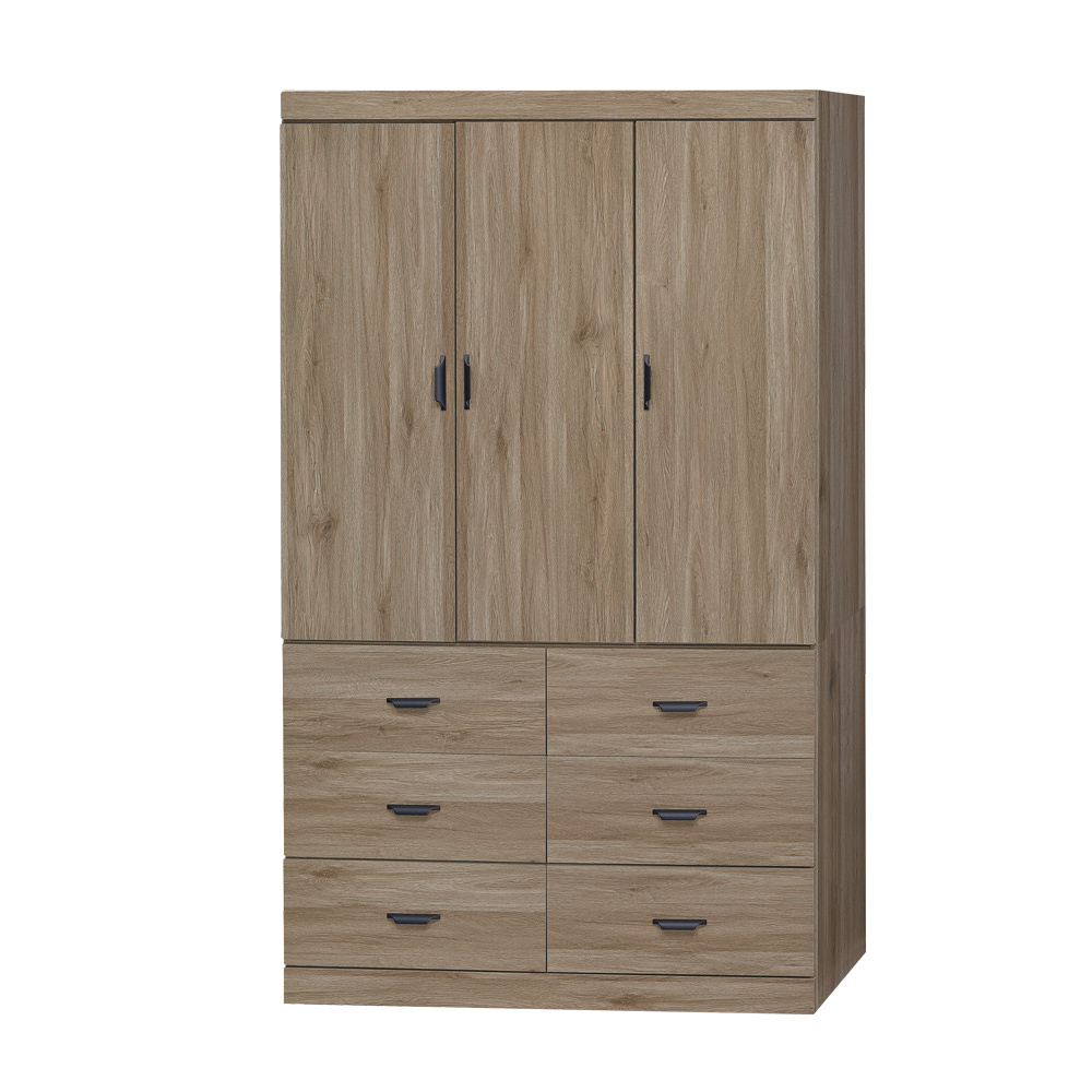 沃尼4尺三門六抽衣櫃-灰橡色