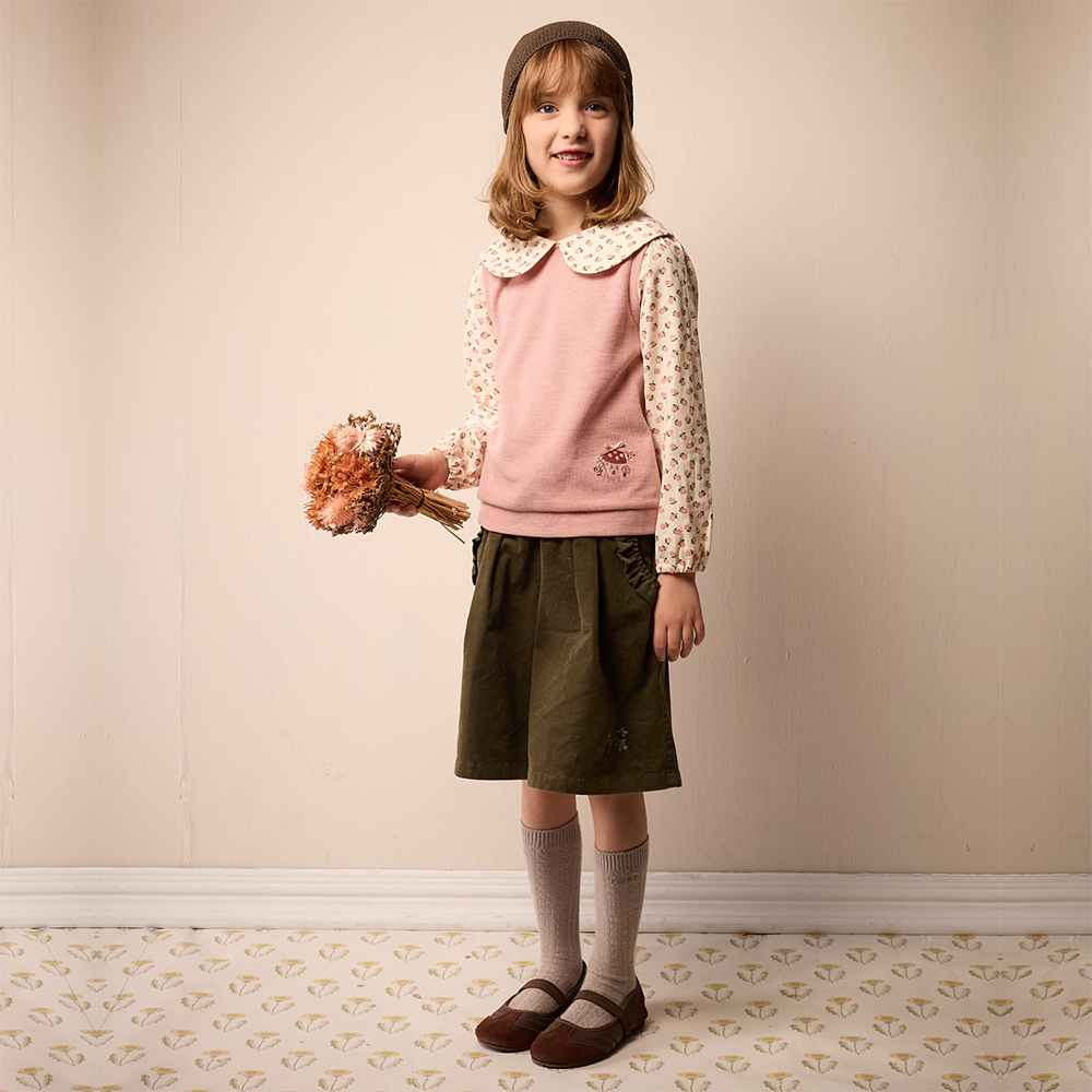 PIPPY 優雅滿版印花大領片假兩件長袖上衣 粉