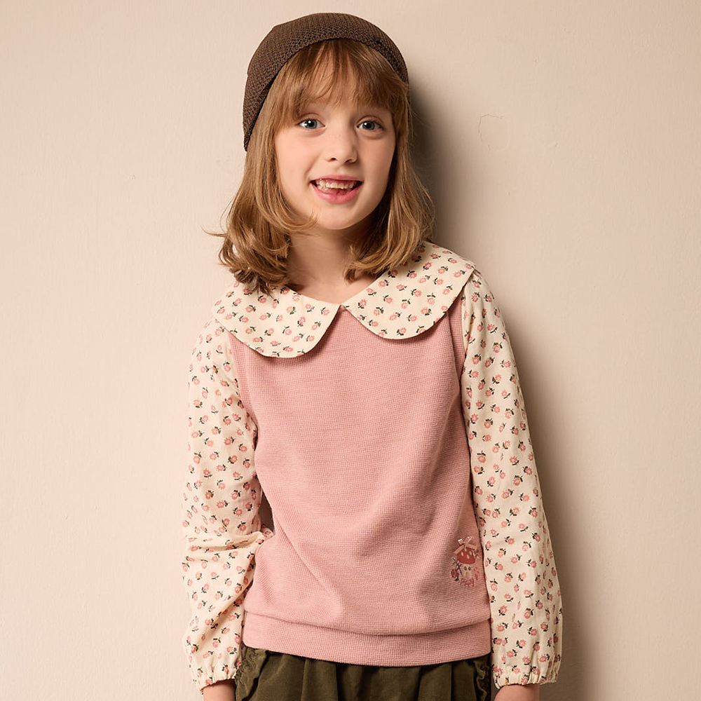 PIPPY 優雅滿版印花大領片假兩件長袖上衣 粉