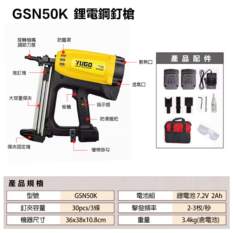 附發票｜GSN50K｜鋰電鋼釘槍 出釘速度 2~3/秒 含雙電池 配件包 瓦斯射釘槍 電動打釘槍氣排釘