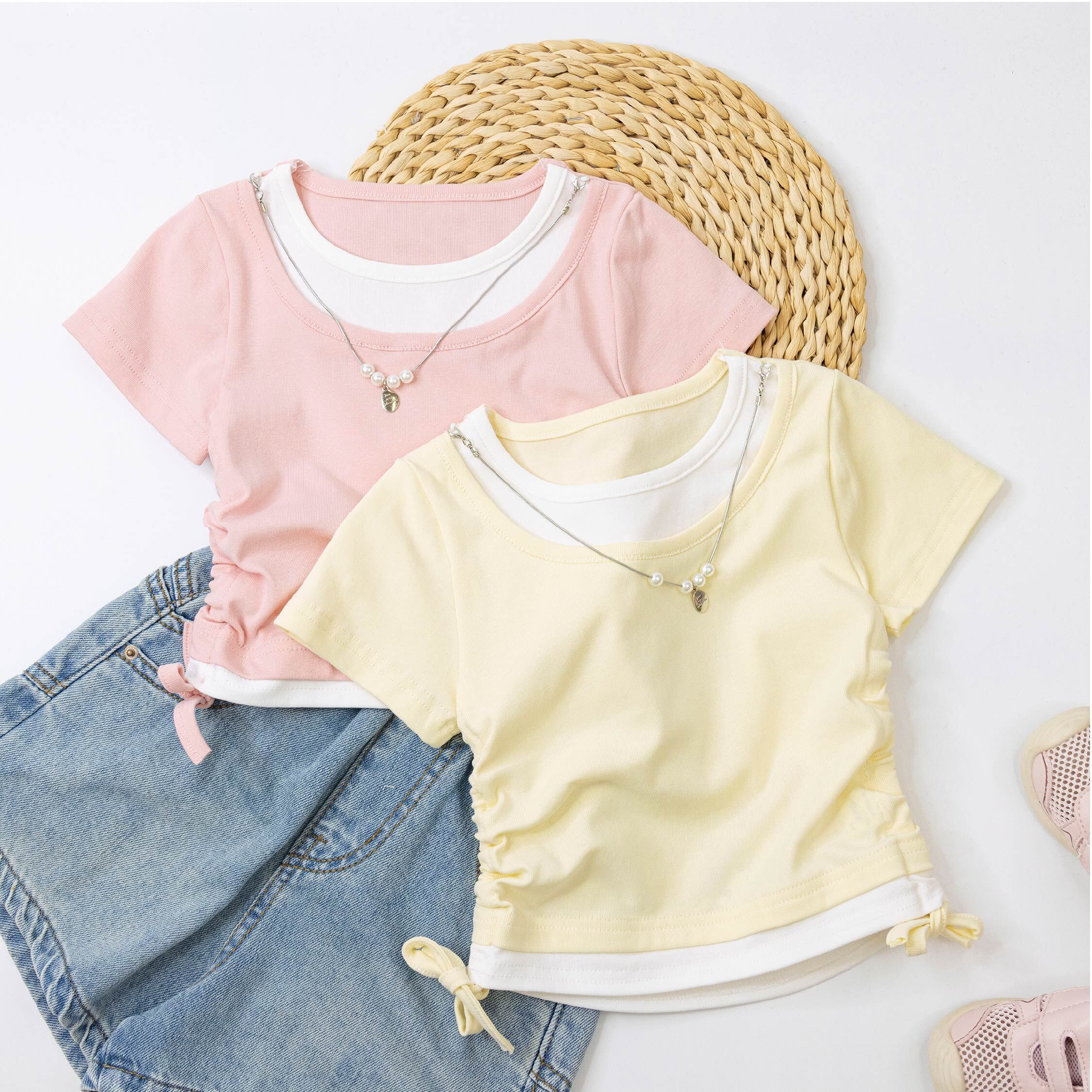 俏皮側綁帶設計假兩件上衣(附裝飾項鍊) (H50944)