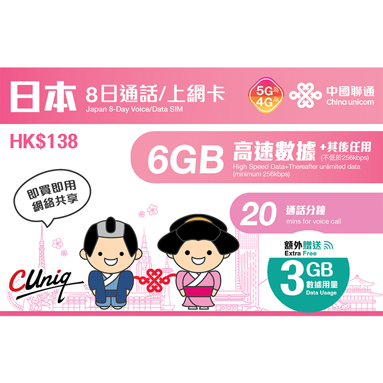 中國聯通 - 8日通話【日本】(首6+3GB高速數據) 5G/4G 無限上網卡數據卡Sim咭