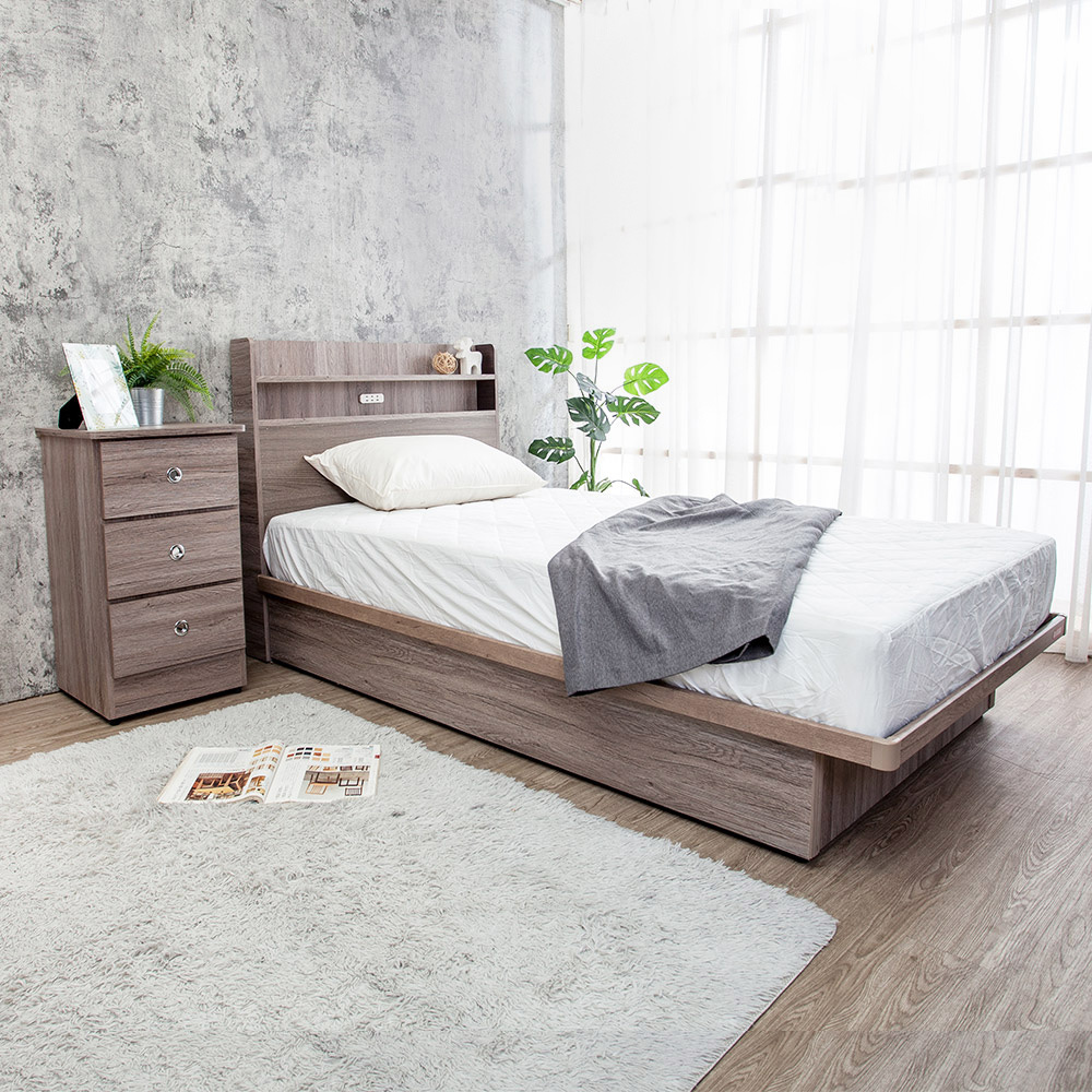 米恩3.5尺單人側掀床房間組-3件組-附插座床頭片+側掀床底+三抽床頭櫃(六色可選-不含床墊)