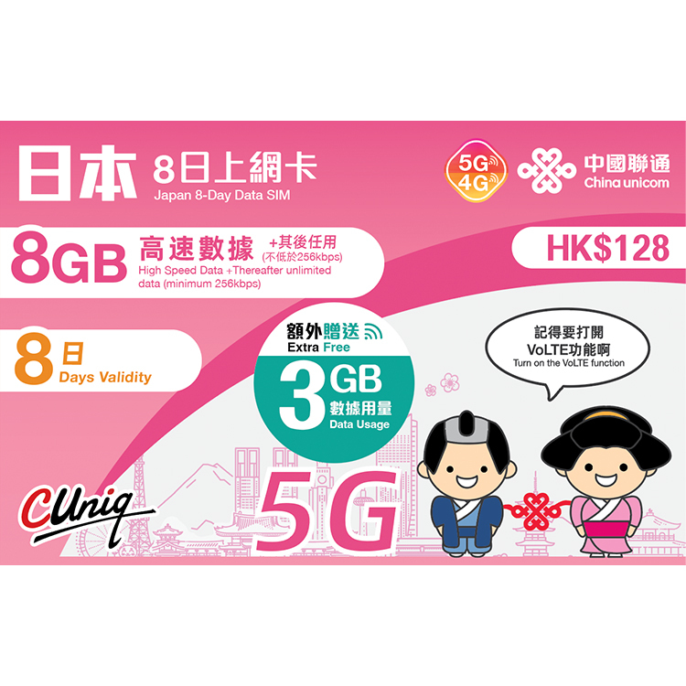 中國聯通 - 8日【日本】(8+3GB) 5G/4G 無限上網卡數據卡SIM咭