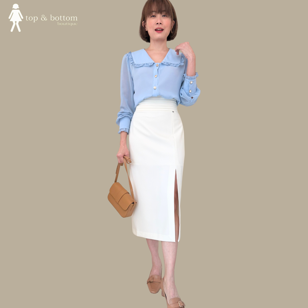 PLEAT WAISTED LONG PENCIL SKIRT WITH SLIT FRONT