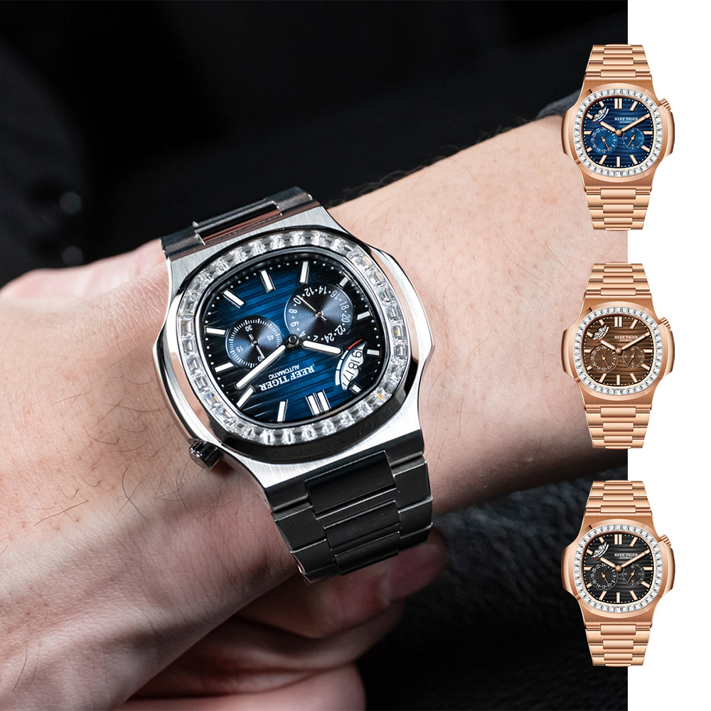 【Reef Tiger 瑞夫泰格】山峰系列 RGA2019 鸚鵡螺 真兩眼 晶鑽錶圈 計時 日期 夜光 機械 手錶