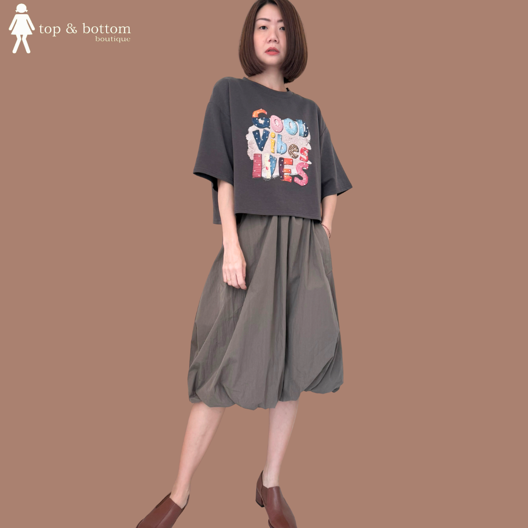 ELASTIC WAISTED BUBBLE MIDI SKIRT