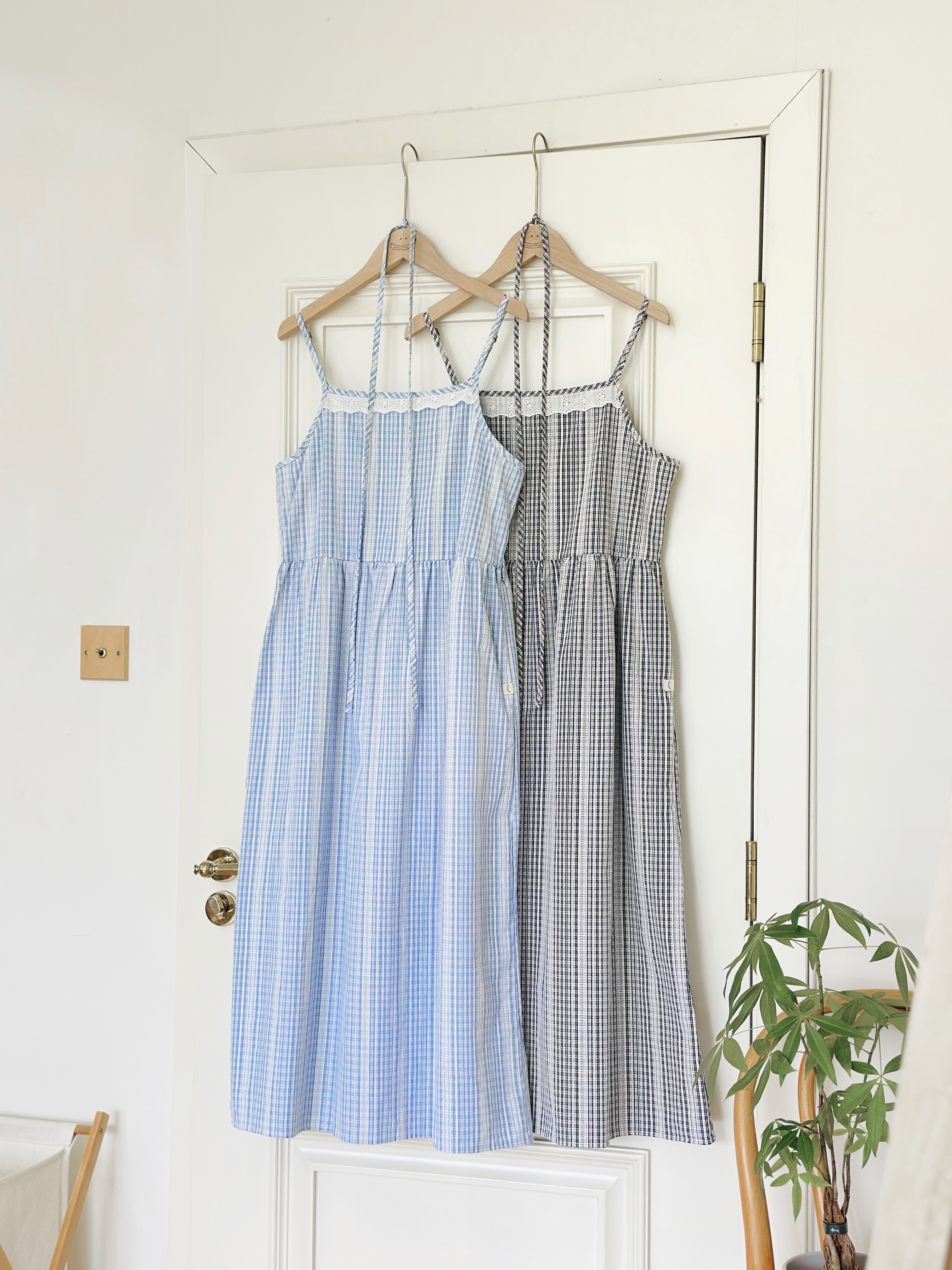 兩色／提花蕾絲格紋連身裙／Jacquard Lace Gingham Dress