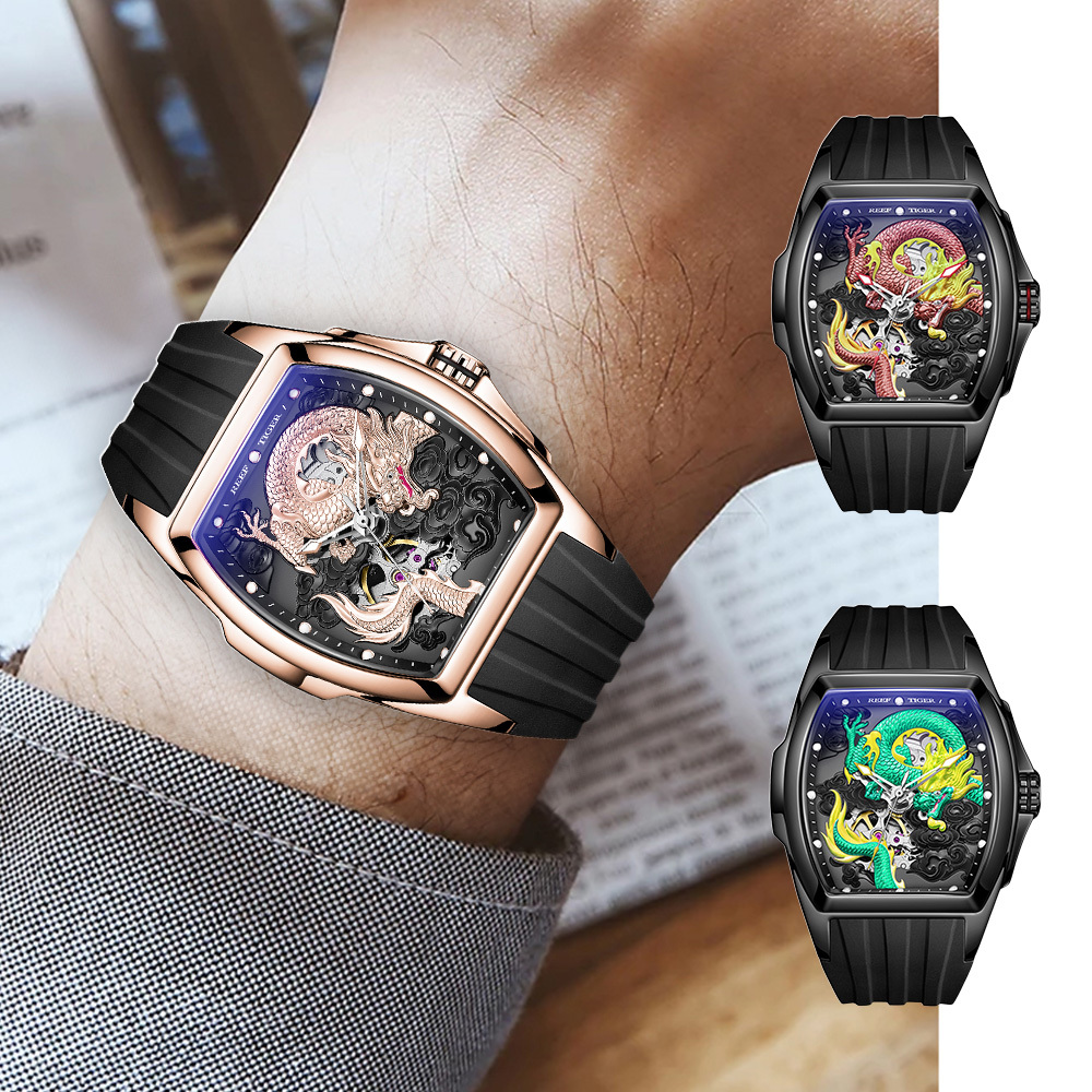 【Reef Tiger 瑞夫泰格】限量版辰龍 RGA3061 酒桶型 浮雕工藝錶盤 動力儲存 鏤空錶蓋 夜光 機械錶