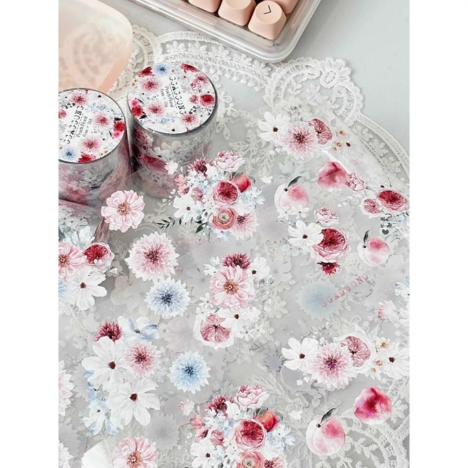 韓國 ggaggong．蜜桃花朵 6cm亮面PET紙膠帶  <只有整捲>