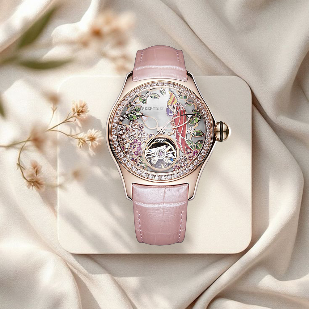 【Reef Tiger 瑞夫泰格】RGA7105 Aurora極光系列 Aurora極光系列 晶鑽錶圈 粉色皮革 機械錶