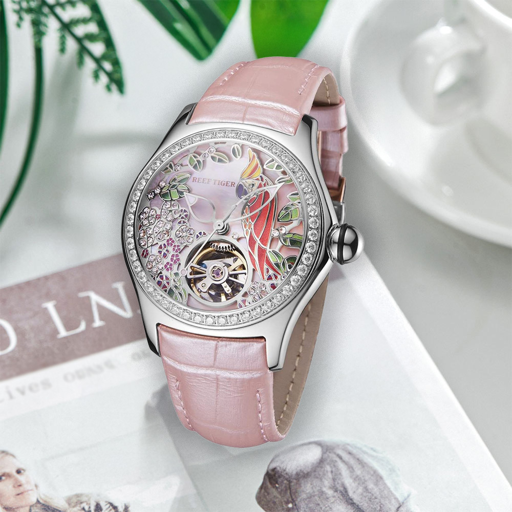 【Reef Tiger 瑞夫泰格】RGA7105 Aurora極光系列 Aurora極光系列 晶鑽錶圈 粉色皮革 機械錶