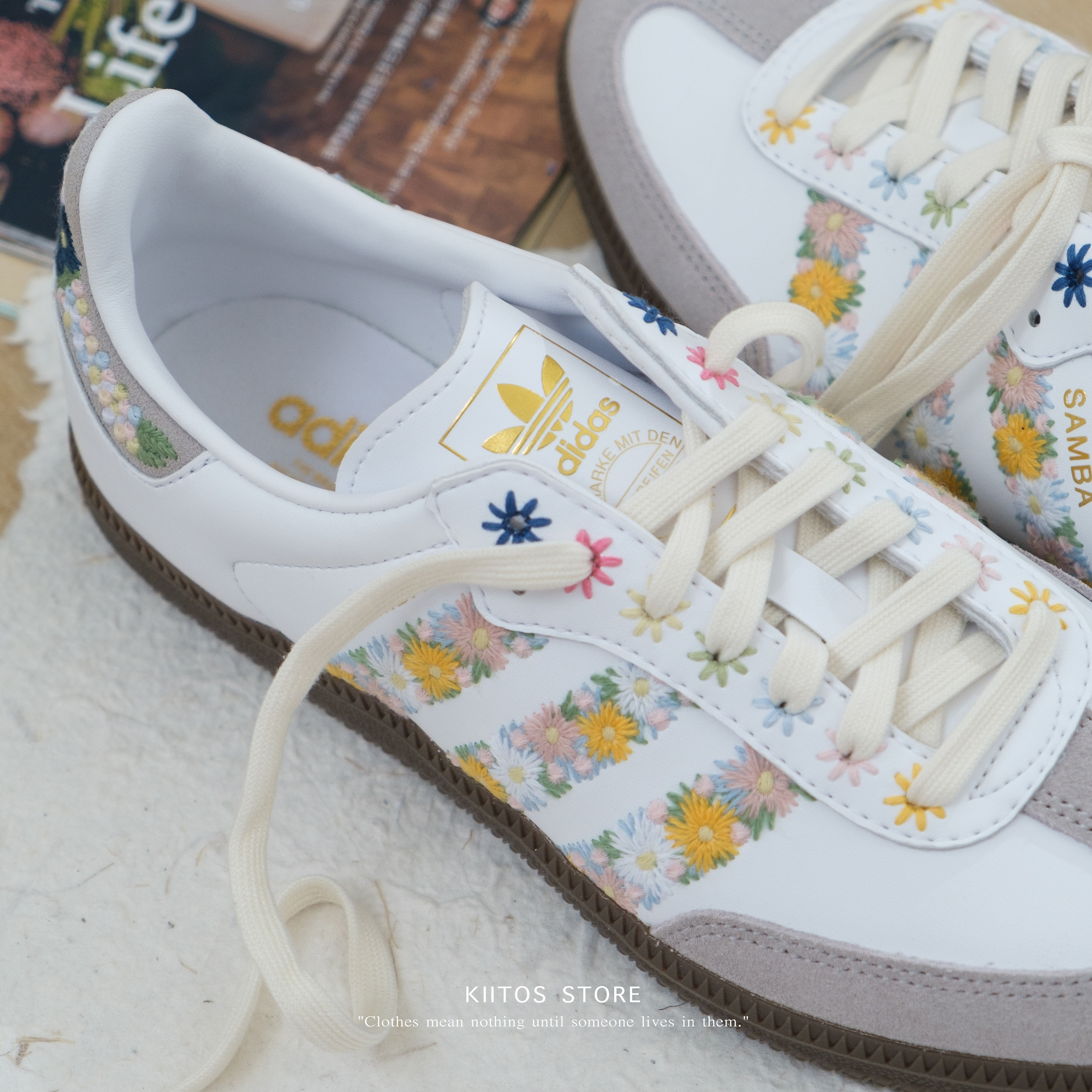 JUICE X ADIDAS SAMBA OG 刺繡花卉花花碎花金標白色焦糖底女鞋HQ5155