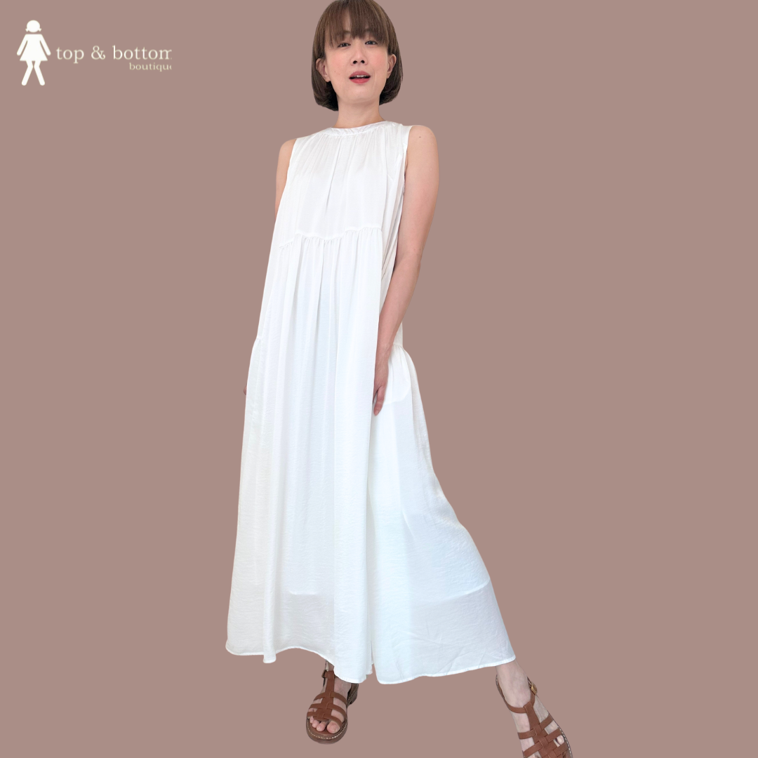 SLEEVELESS SATIN LONG TIERED DRESS