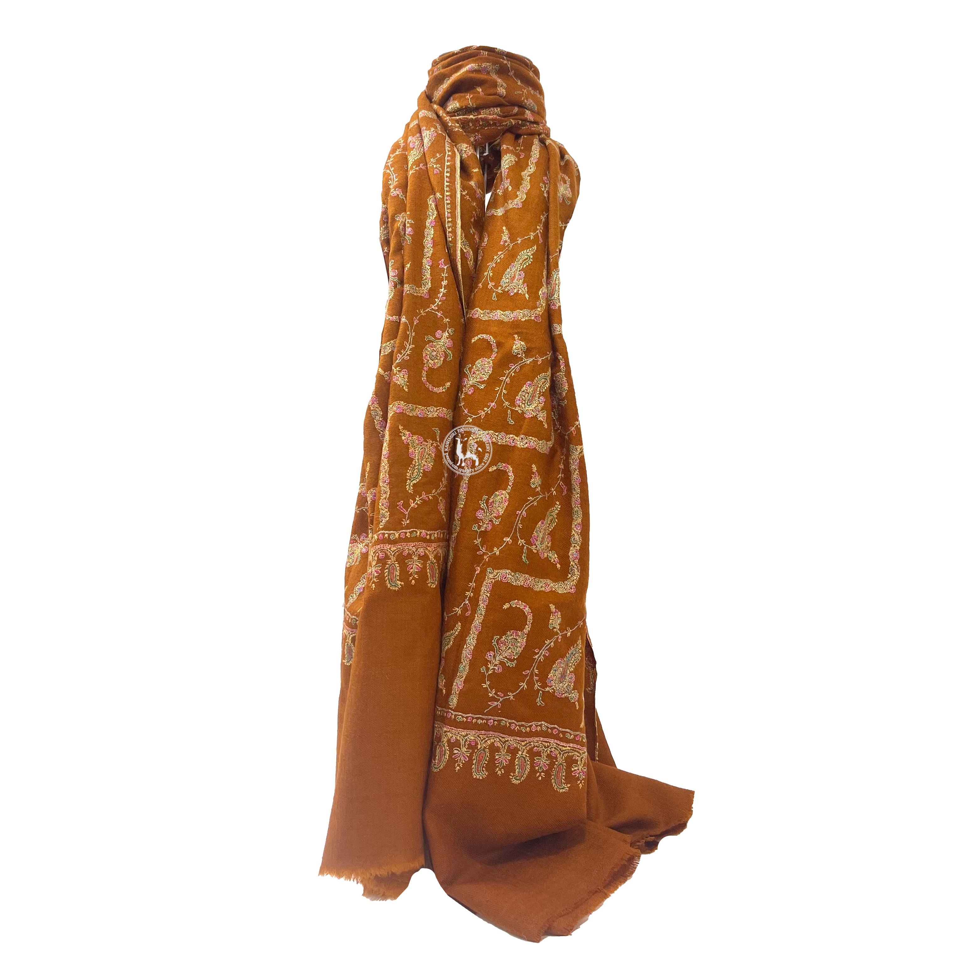 棕色索茲尼刺繡羊絨披肩圍巾