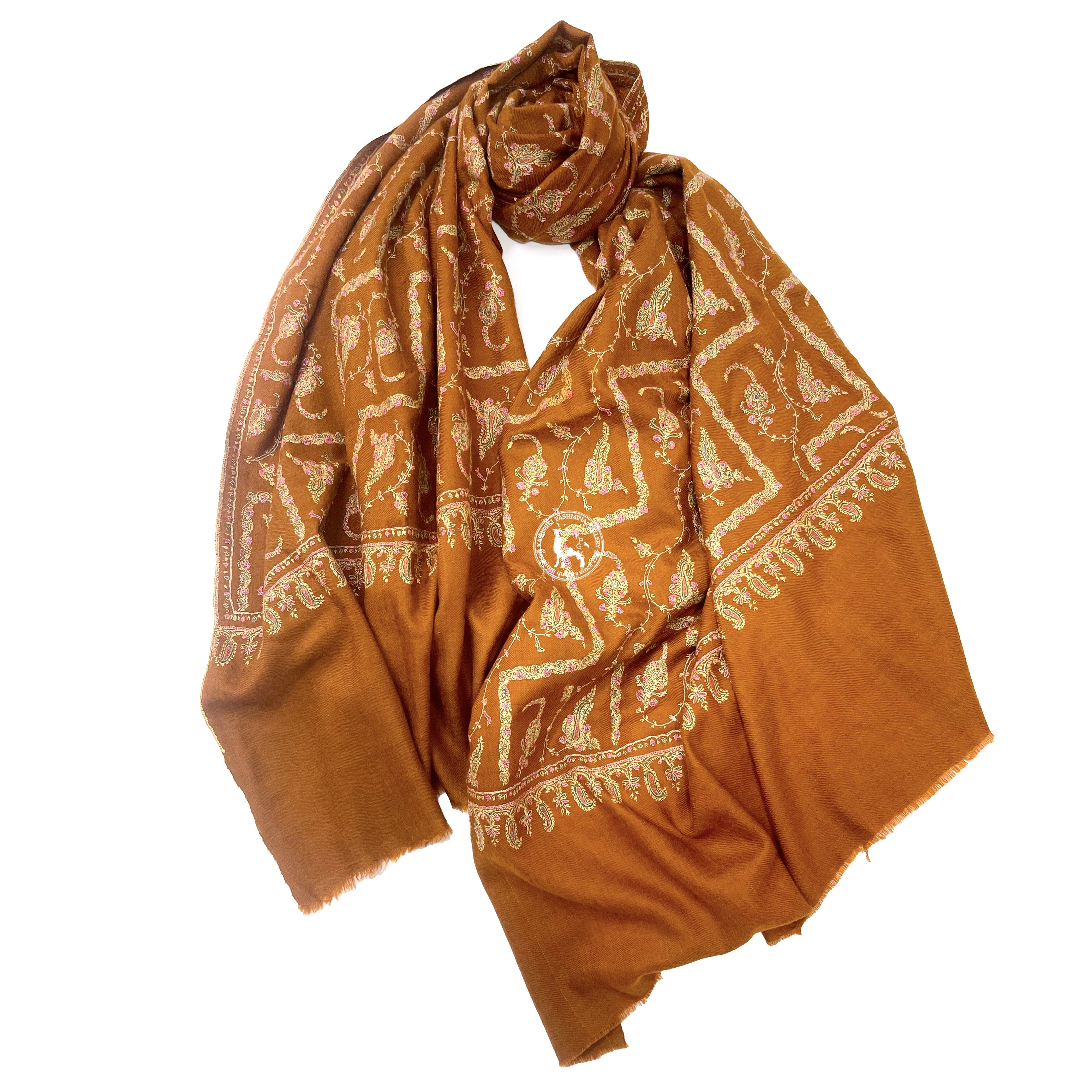 棕色索茲尼刺繡羊絨披肩圍巾