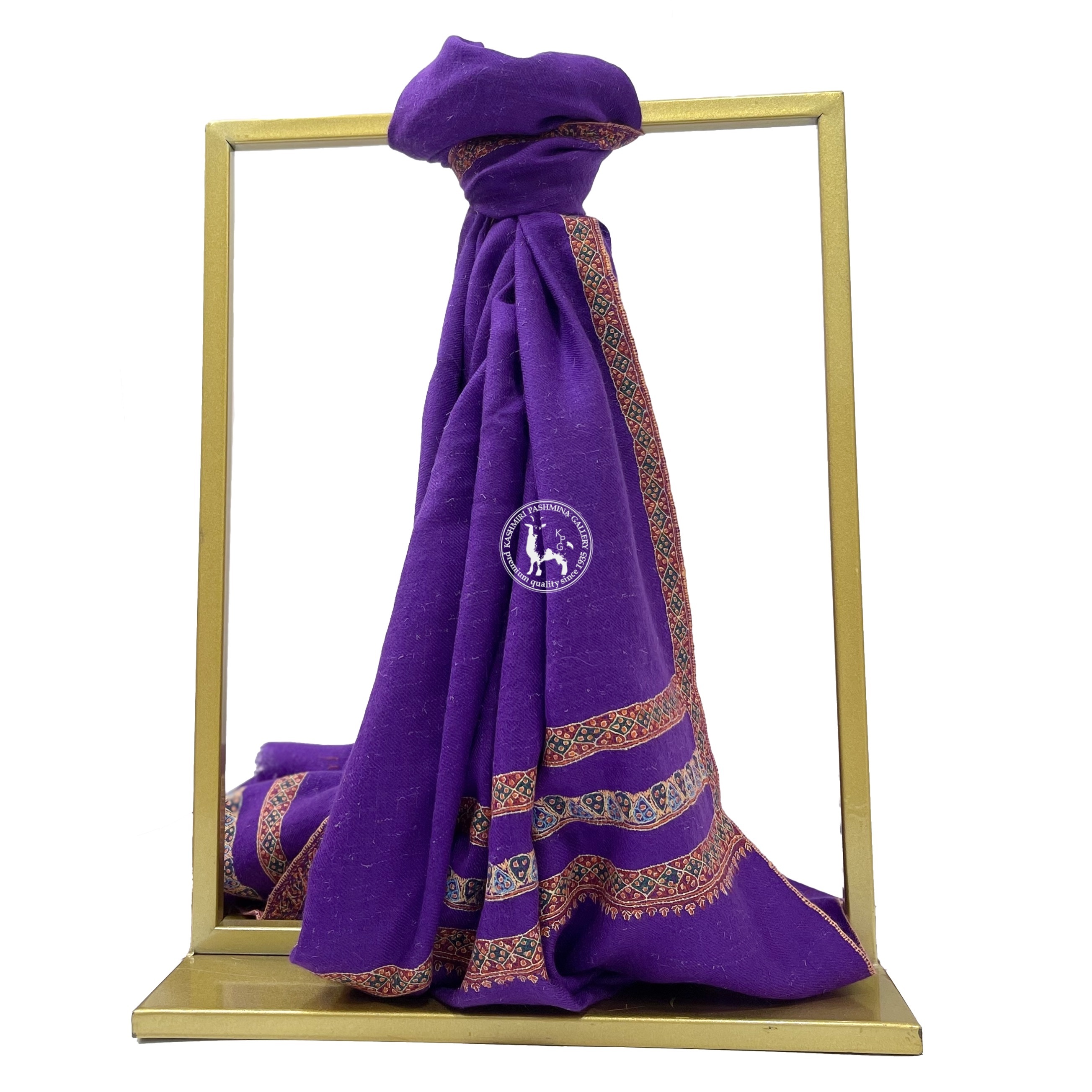 紫色喀什米爾山羊絨邊緣刺繡圍巾