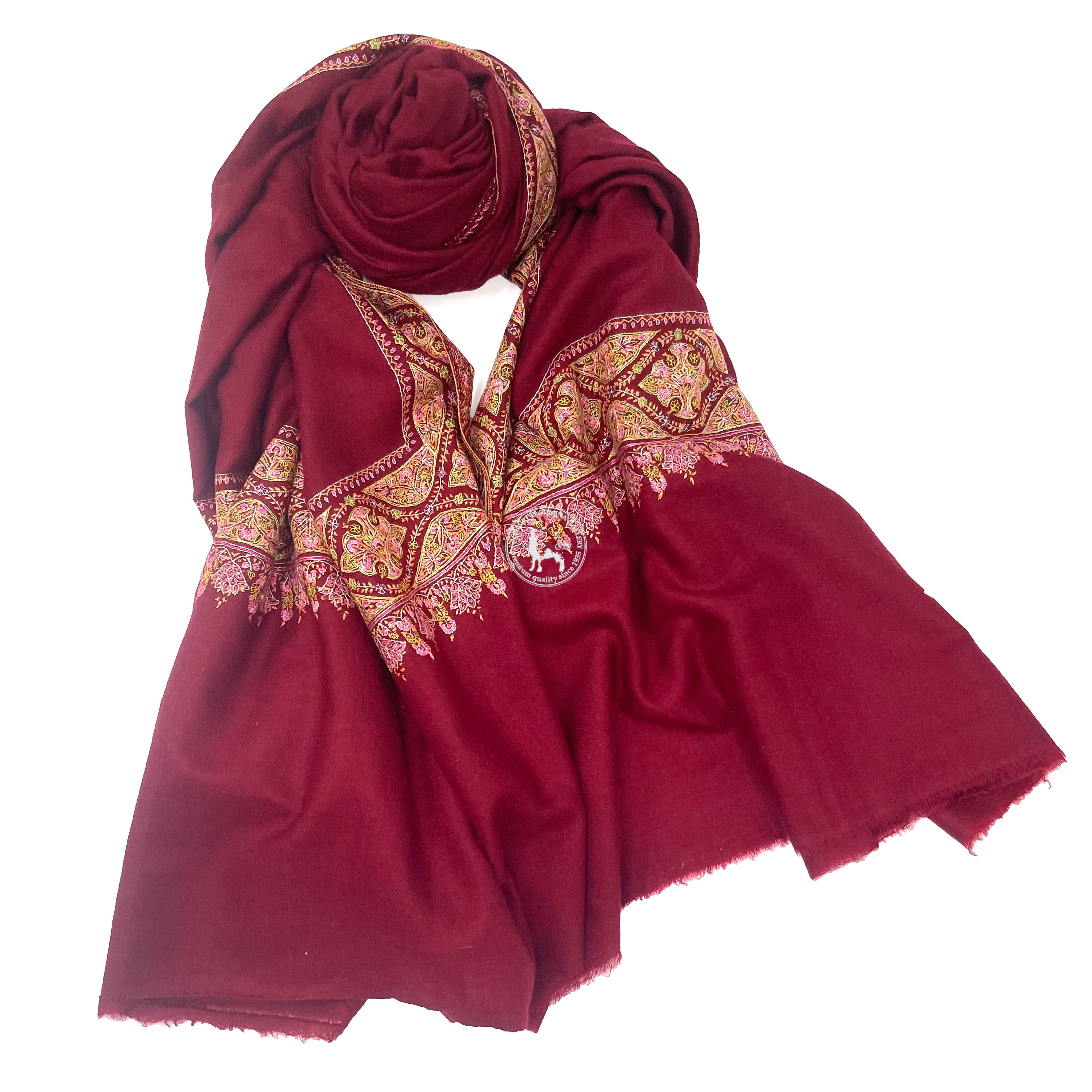 深紅喀什米爾山羊絨邊緣刺繡披肩圍巾