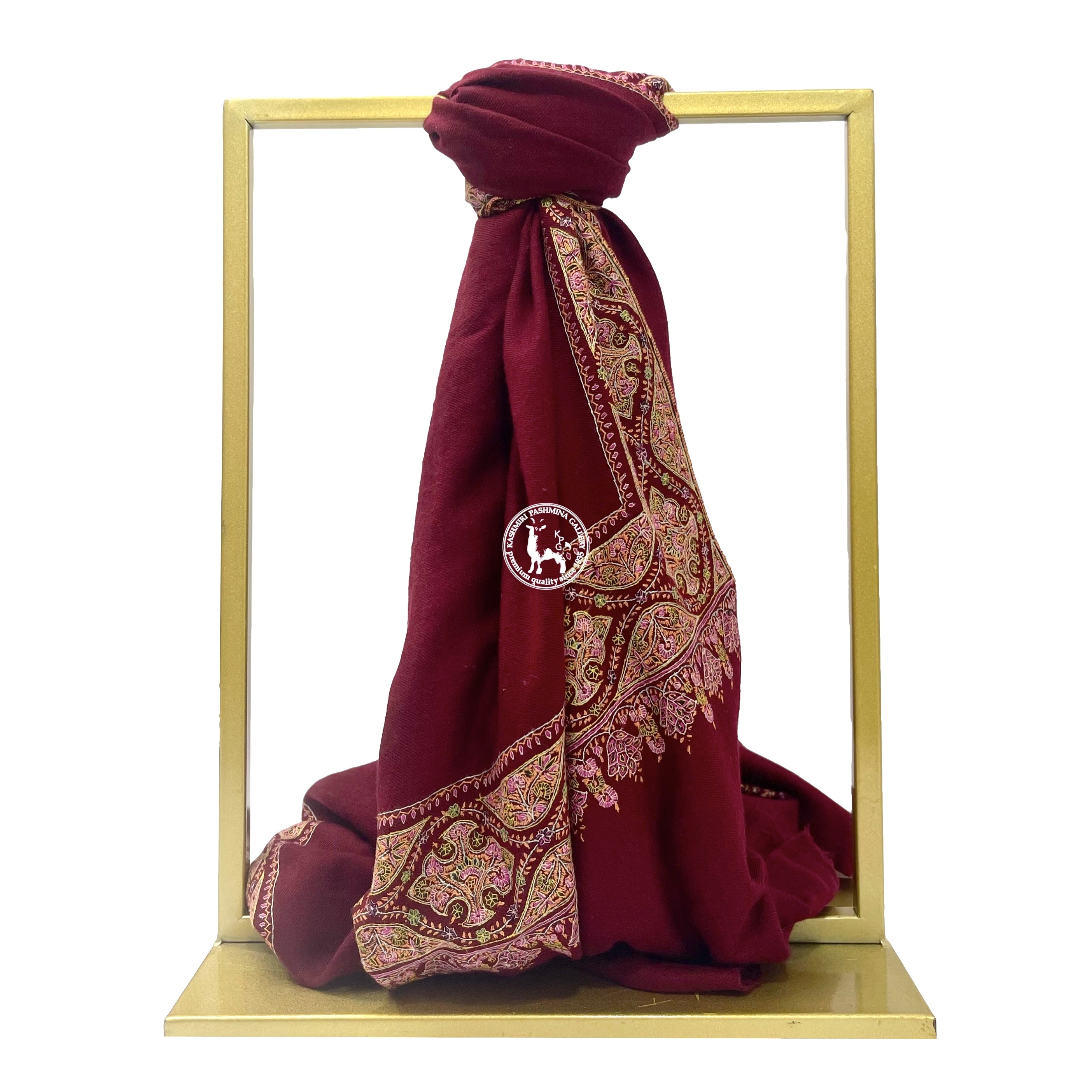 深紅喀什米爾山羊絨邊緣刺繡披肩圍巾