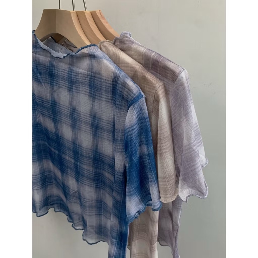 透膚霧色格紋上衣/三色