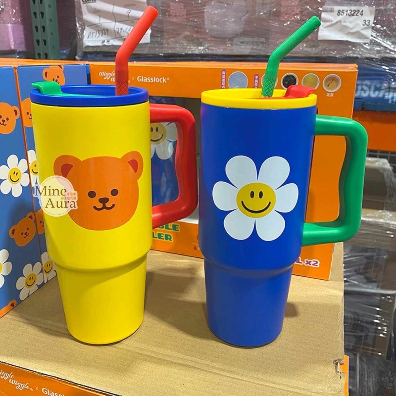 上海代購 ❘ Wiggle Wiggle x Glasslock 聯名 花花 小熊 圖案 吸管 不鏽鋼 保溫水壺 2入組 -正版授權